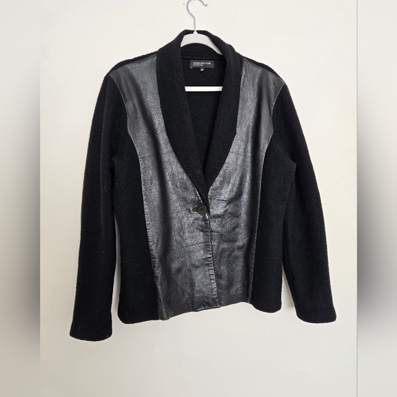 Jones New York Black Leather Panel Women's Wool Blazer | Large - Picture 1 of 5